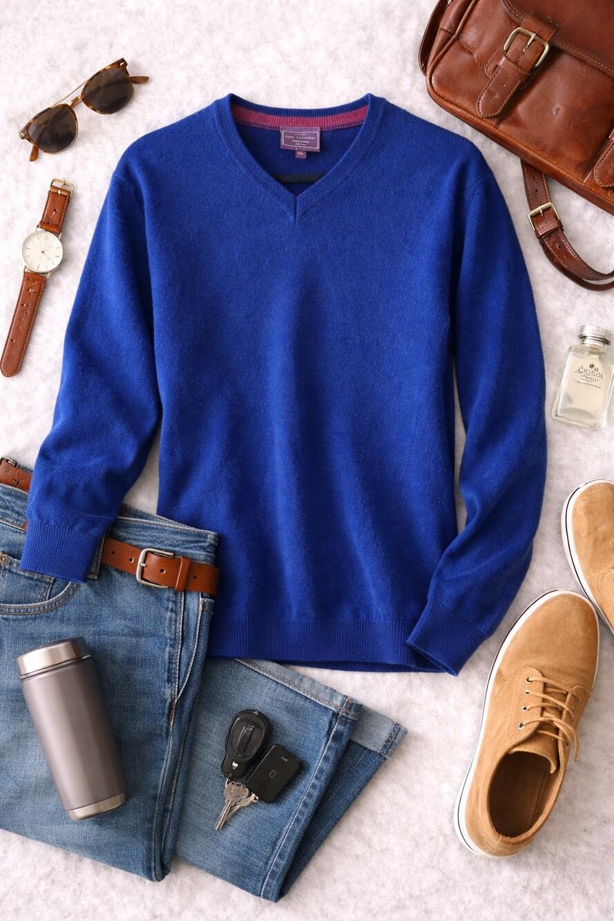 John Lewis Men’s 100% Pure Cashmere V-Neck Sweater Old Money Blue Size XXL